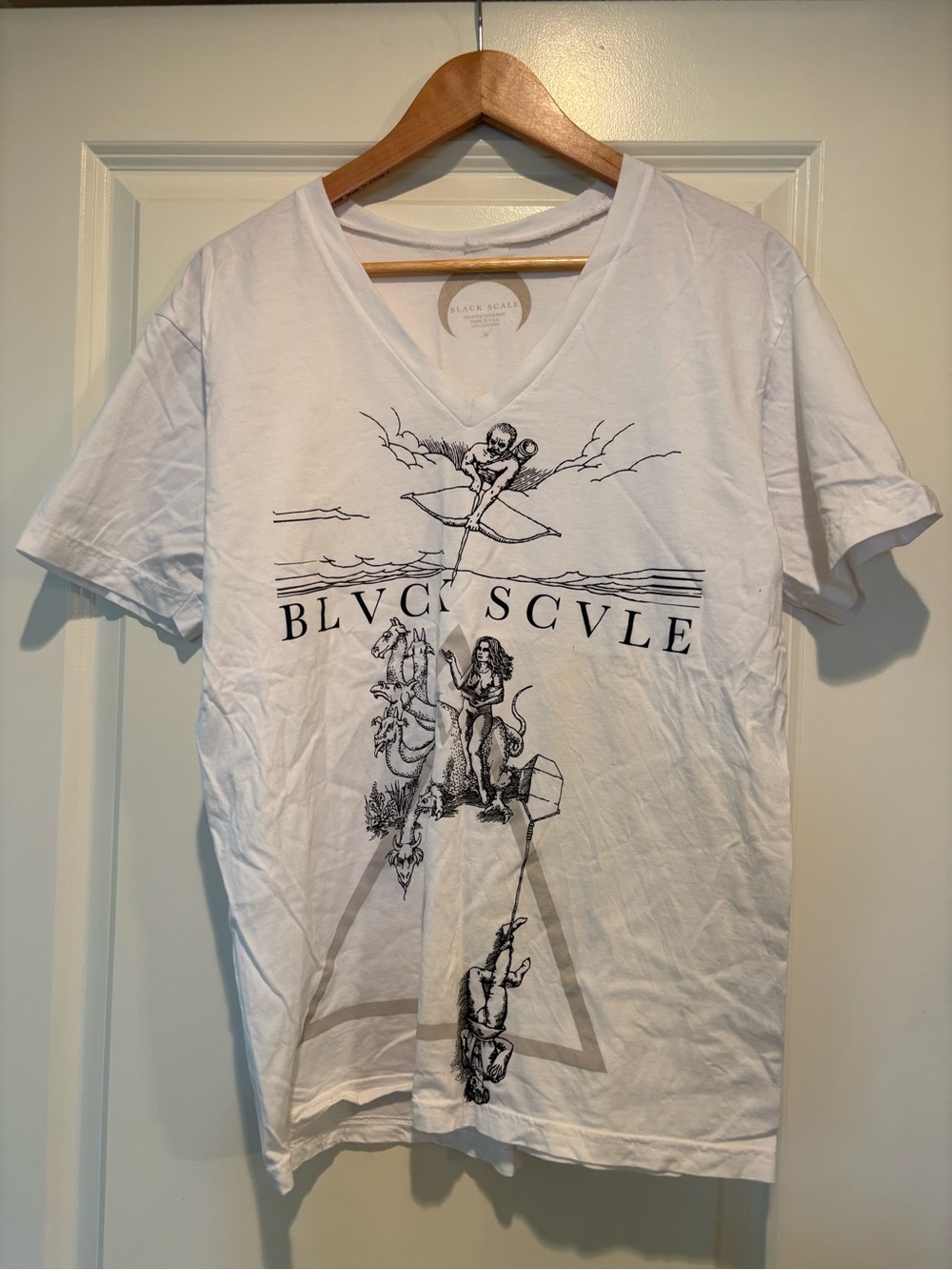 Black Scale White V-Neck Graphic Tee with Black Print